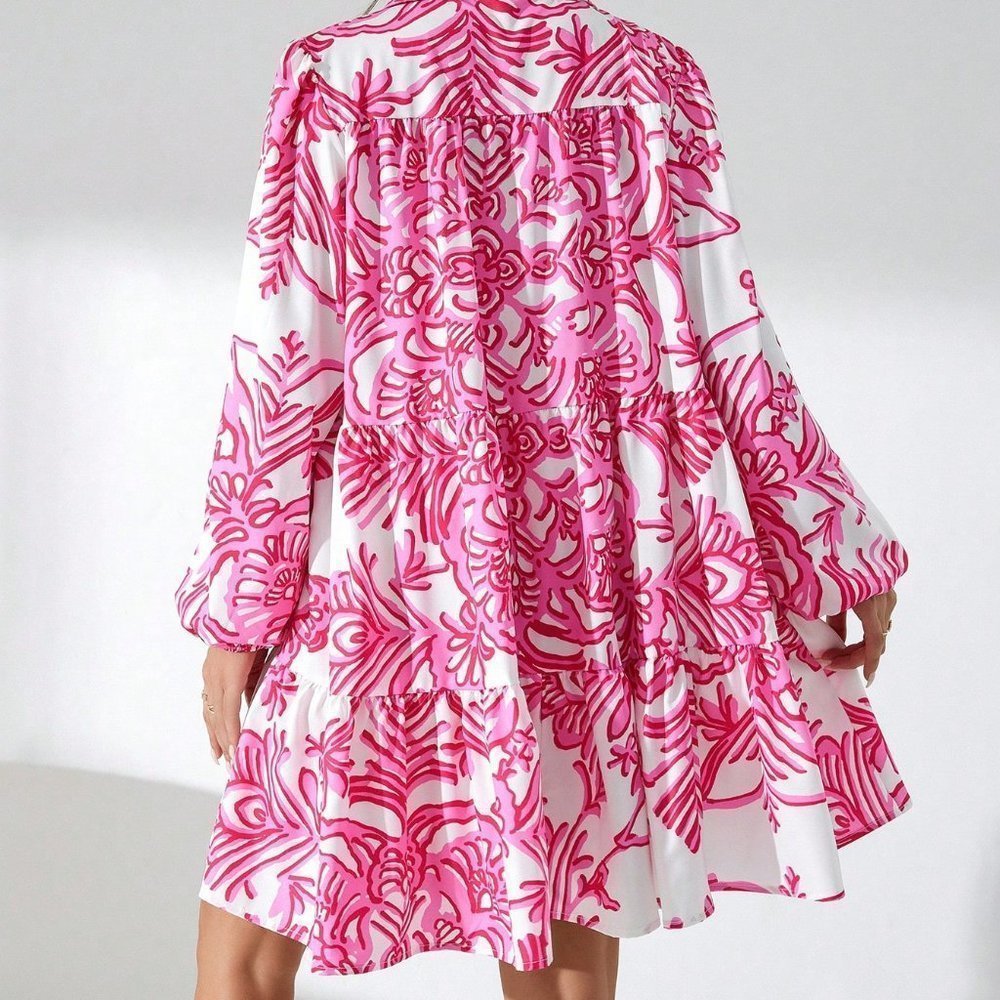 Pink Boho Womens Floral Print Ruffle Hem Smock Dress Without Belt - Picture 2 of 5